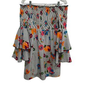 Nicole Miller Smocked Shoulder Ruffled Floral Striped Top Size 6